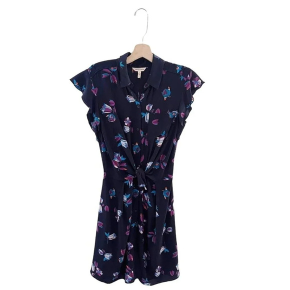 Rebecca Taylor Silk Floral Mini Dress Tie Front Navy - Picture 1 of 5